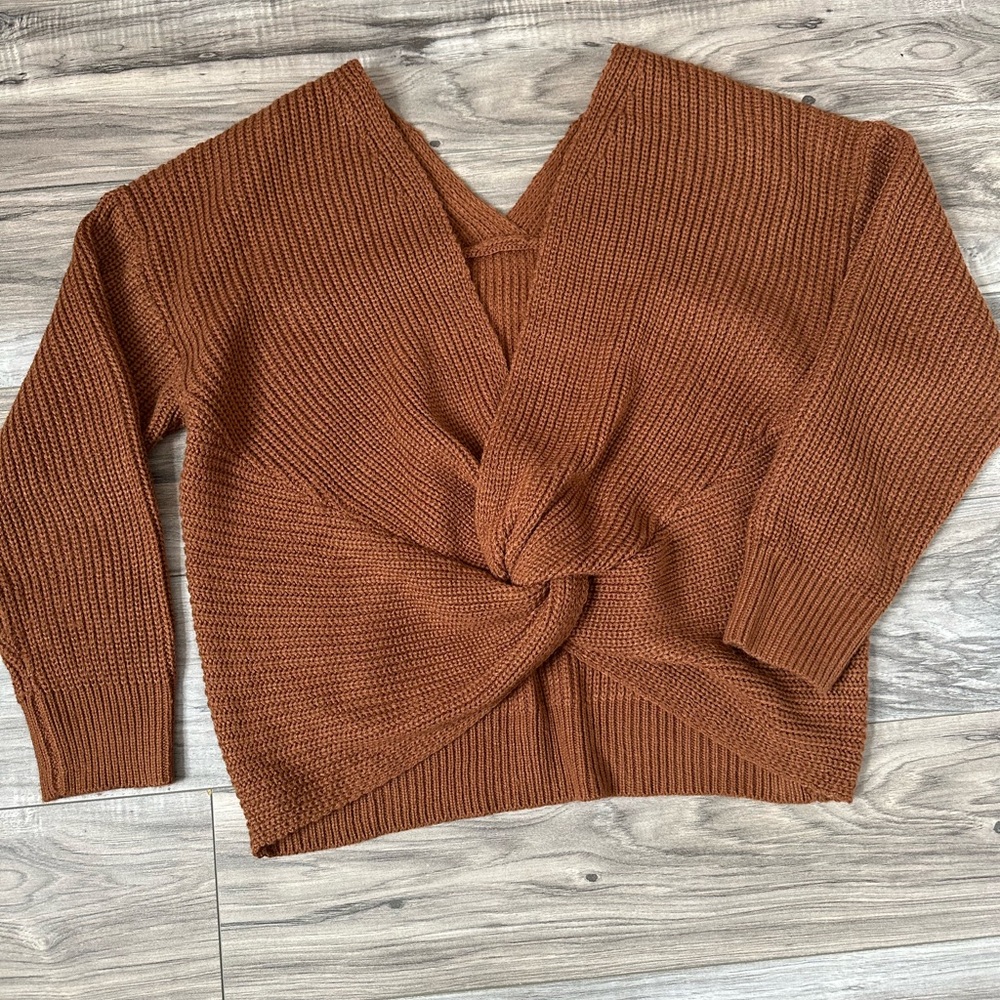 SHEIN Knit Sweater cropped Cross Front Detail Relaxed Cozy in Brown Size Medium